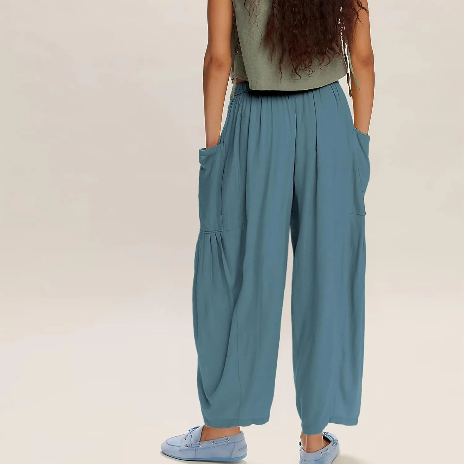 Duyang Women Linen Wide Leg Pants Casual Summer Palazzo Pants Beach Vacation Outfits Flowy Loose Trousers with Pockets