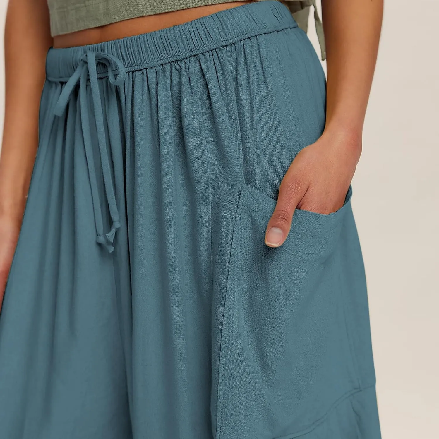 Duyang Women Linen Wide Leg Pants Casual Summer Palazzo Pants Beach Vacation Outfits Flowy Loose Trousers with Pockets