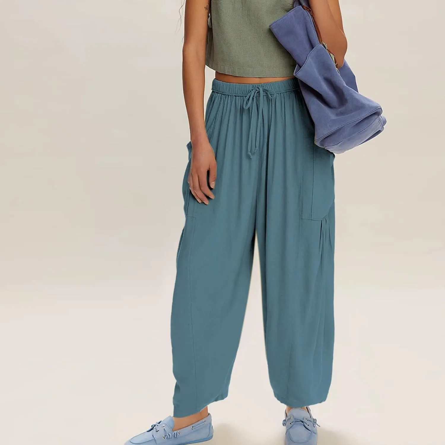 Duyang Women Linen Wide Leg Pants Casual Summer Palazzo Pants Beach Vacation Outfits Flowy Loose Trousers with Pockets