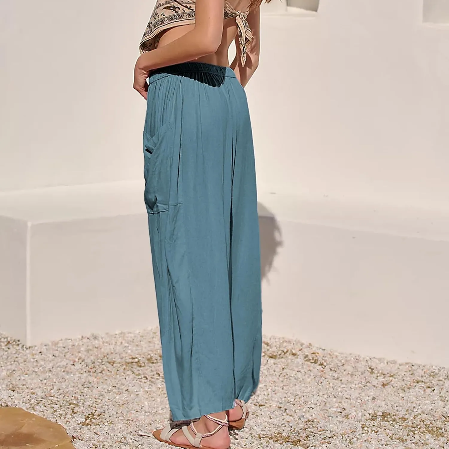 Duyang Women Linen Wide Leg Pants Casual Summer Palazzo Pants Beach Vacation Outfits Flowy Loose Trousers with Pockets