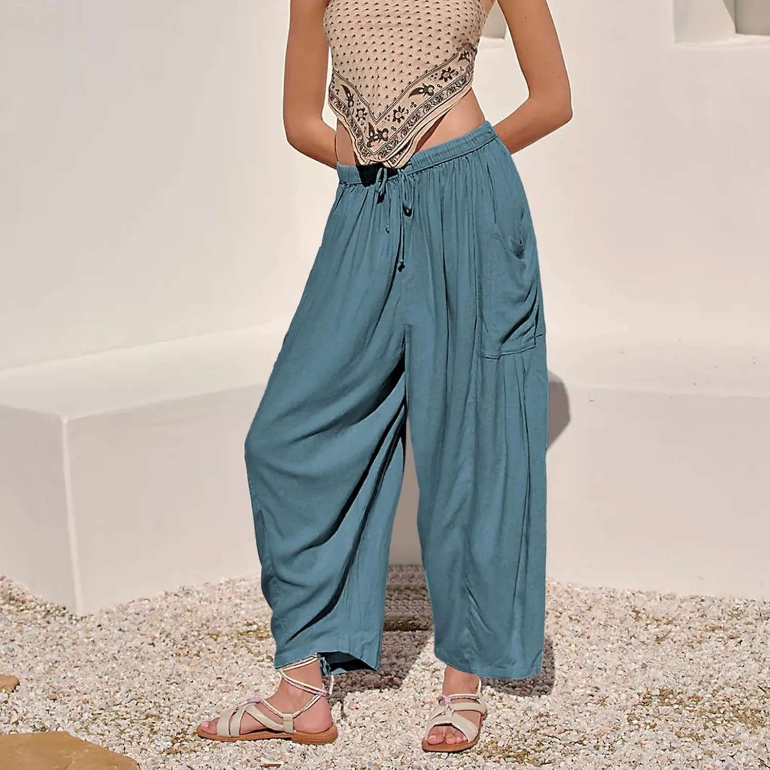 Duyang Women Linen Wide Leg Pants Casual Summer Palazzo Pants Beach Vacation Outfits Flowy Loose Trousers with Pockets
