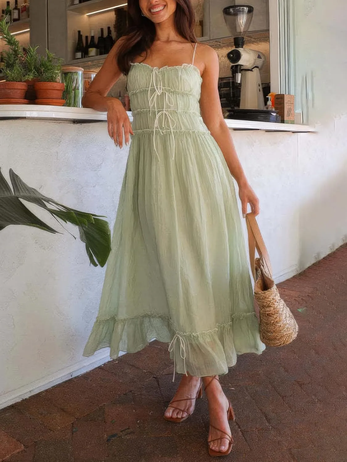 ebossy Women's Summer Spaghetti Strap Boho Long Dress Front Tie-Up Ruffles Flowy Swing Slip Sundress