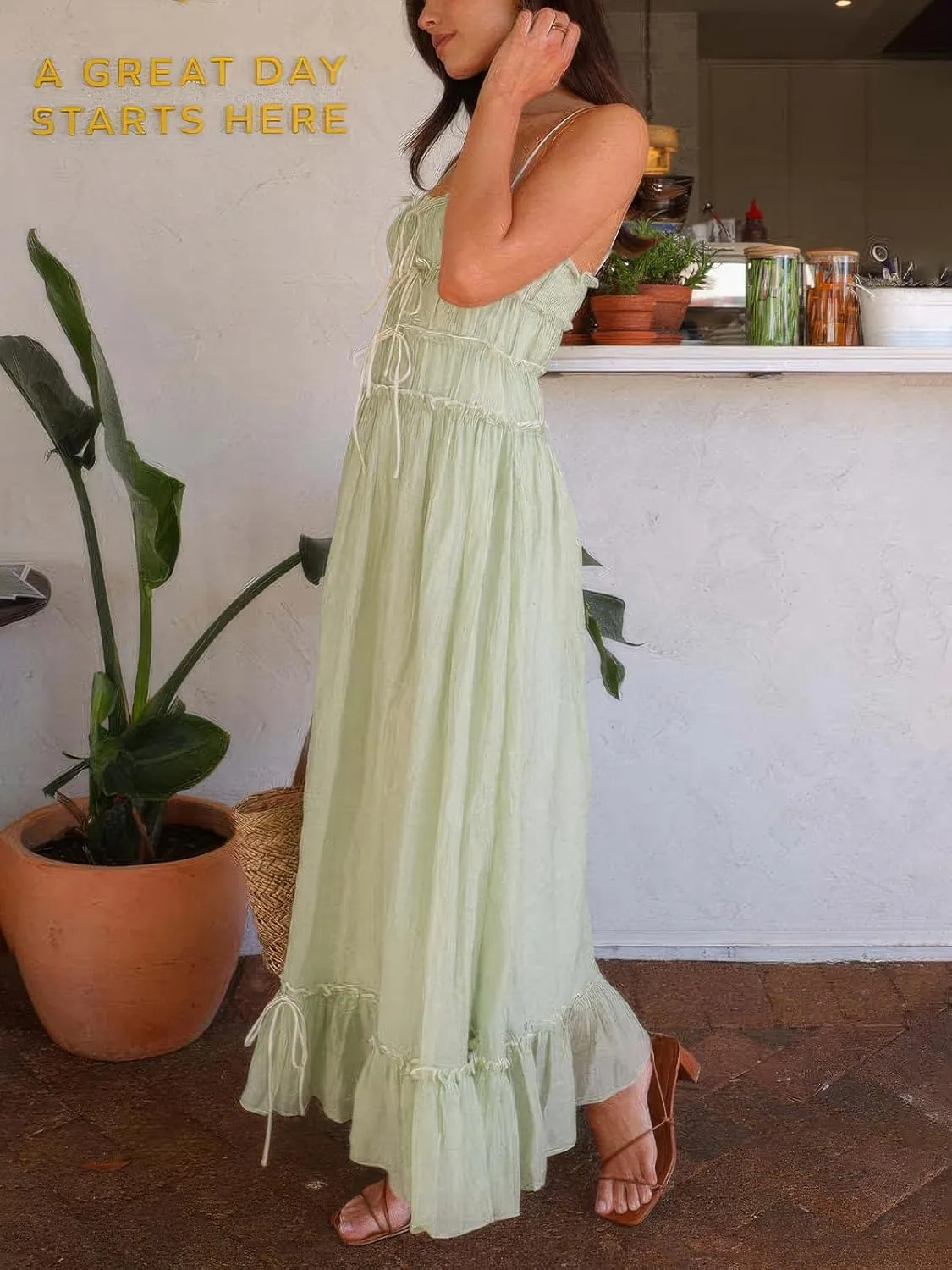 ebossy Women's Summer Spaghetti Strap Boho Long Dress Front Tie-Up Ruffles Flowy Swing Slip Sundress