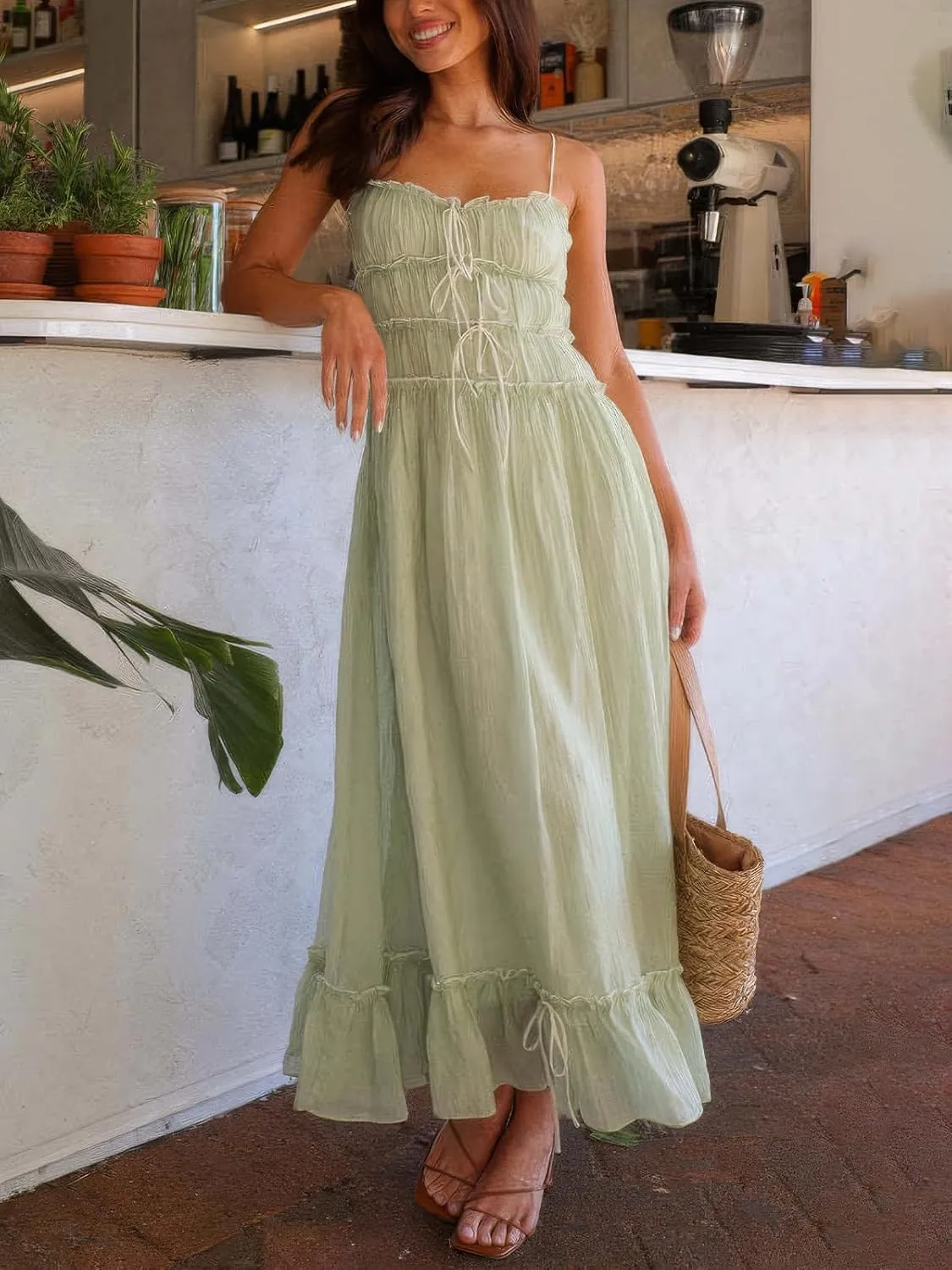 ebossy Women's Summer Spaghetti Strap Boho Long Dress Front Tie-Up Ruffles Flowy Swing Slip Sundress