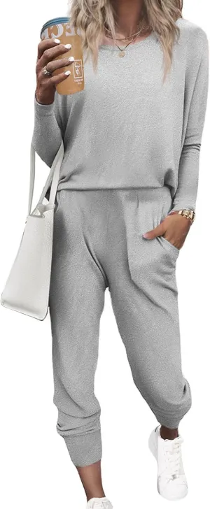 Ekouaer Women's Pajama Sets Casual 2Pcs Sleepwear Long Sleeve Pullover Tops Long Joggers Pants with Pockets