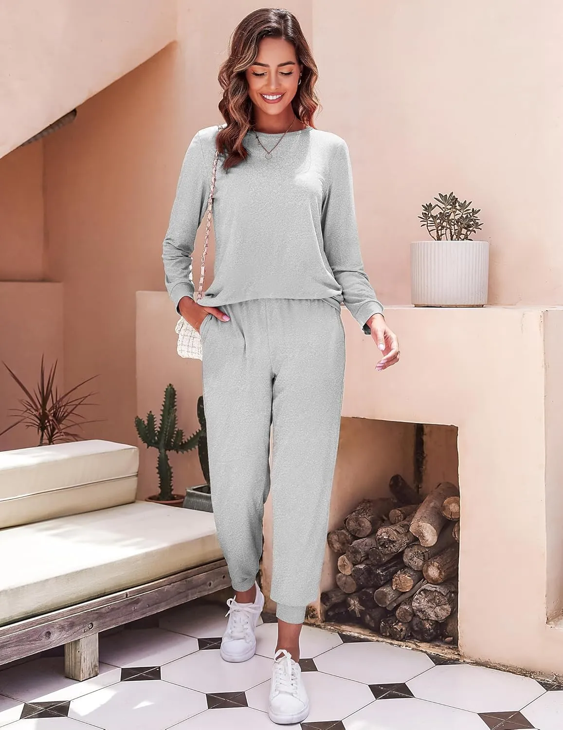 Ekouaer Women's Pajama Sets Casual 2Pcs Sleepwear Long Sleeve Pullover Tops Long Joggers Pants with Pockets