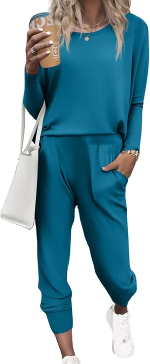 Ekouaer Women's Pajama Sets Casual 2Pcs Sleepwear Long Sleeve Pullover Tops Long Joggers Pants with Pockets
