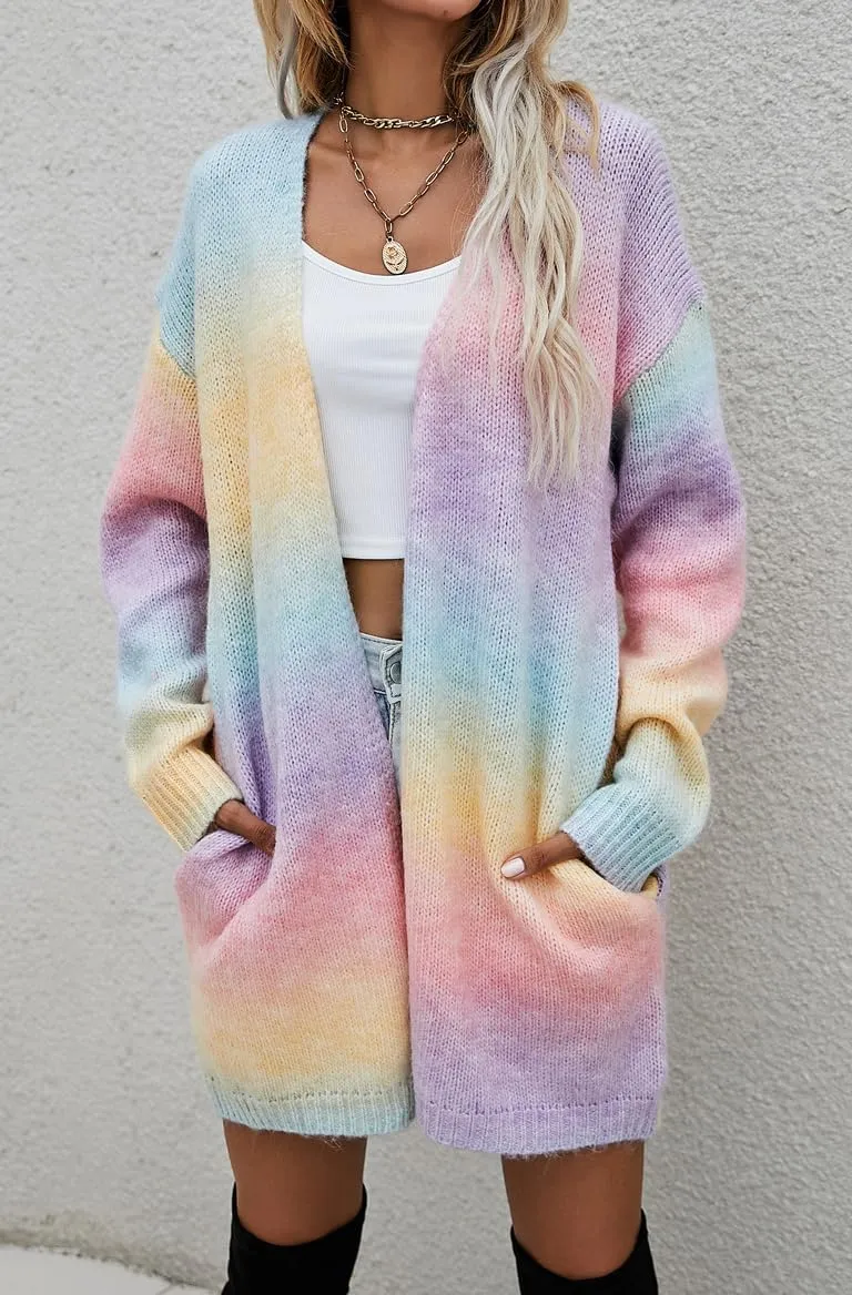 ELFTOWN Women's Rainbow Knit Open Front Cardigan Sweater Long Sleeve Tie Dye Long Crochet Kimono Coat Outwear