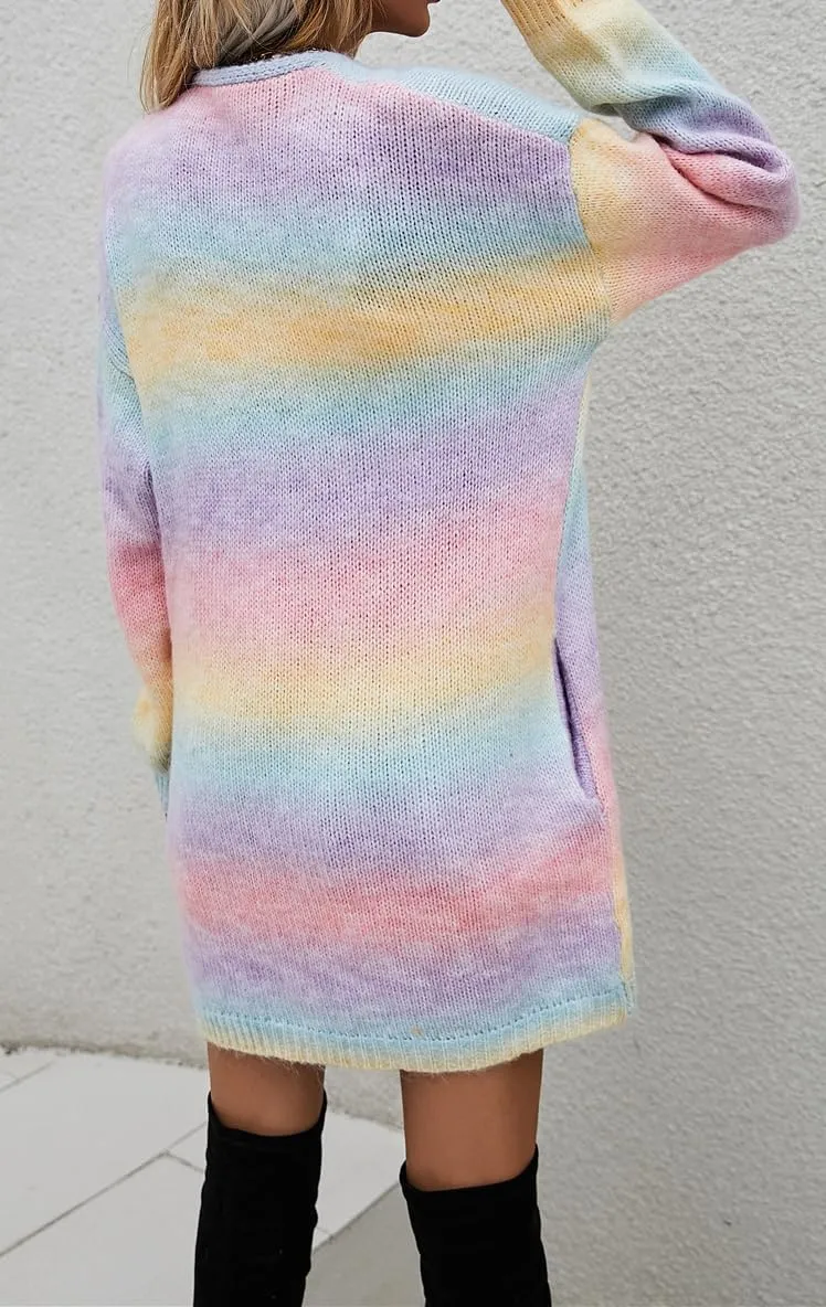 ELFTOWN Women's Rainbow Knit Open Front Cardigan Sweater Long Sleeve Tie Dye Long Crochet Kimono Coat Outwear