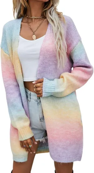 ELFTOWN Women's Rainbow Knit Open Front Cardigan Sweater Long Sleeve Tie Dye Long Crochet Kimono Coat Outwear