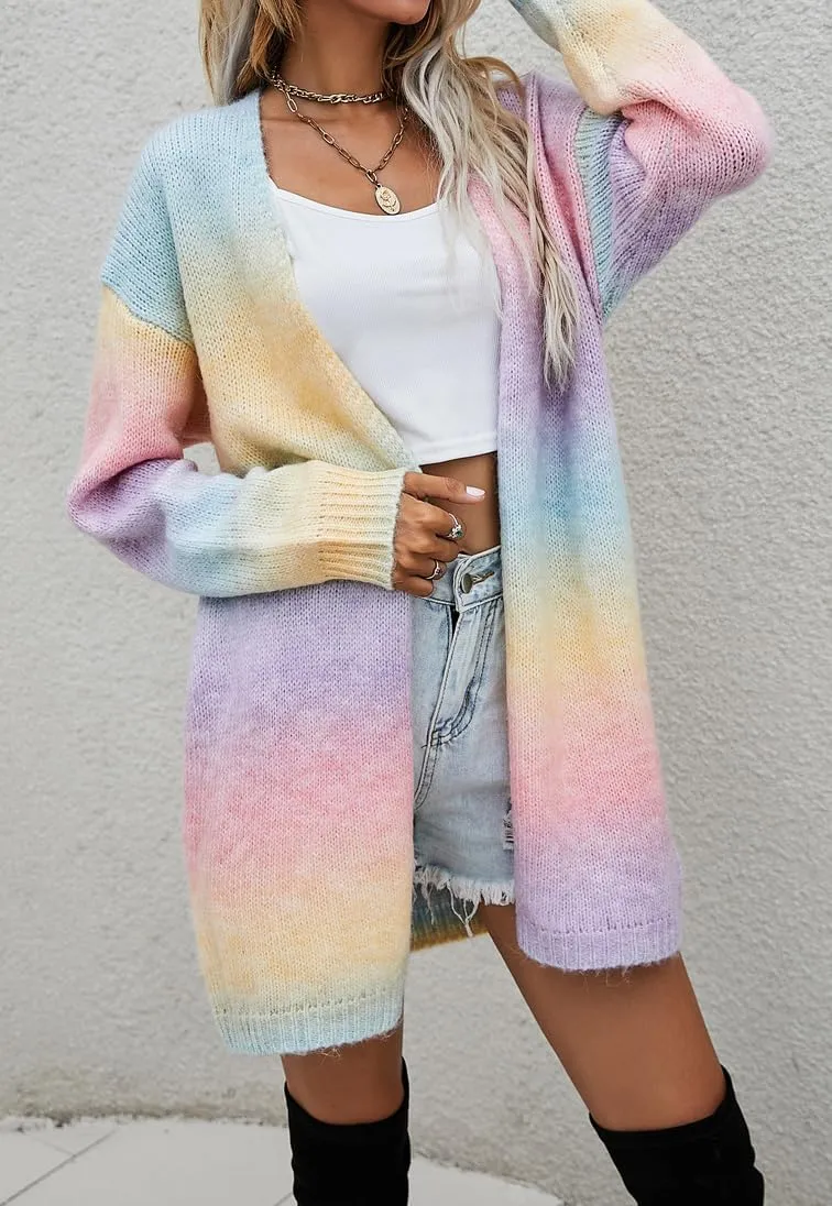 ELFTOWN Women's Rainbow Knit Open Front Cardigan Sweater Long Sleeve Tie Dye Long Crochet Kimono Coat Outwear