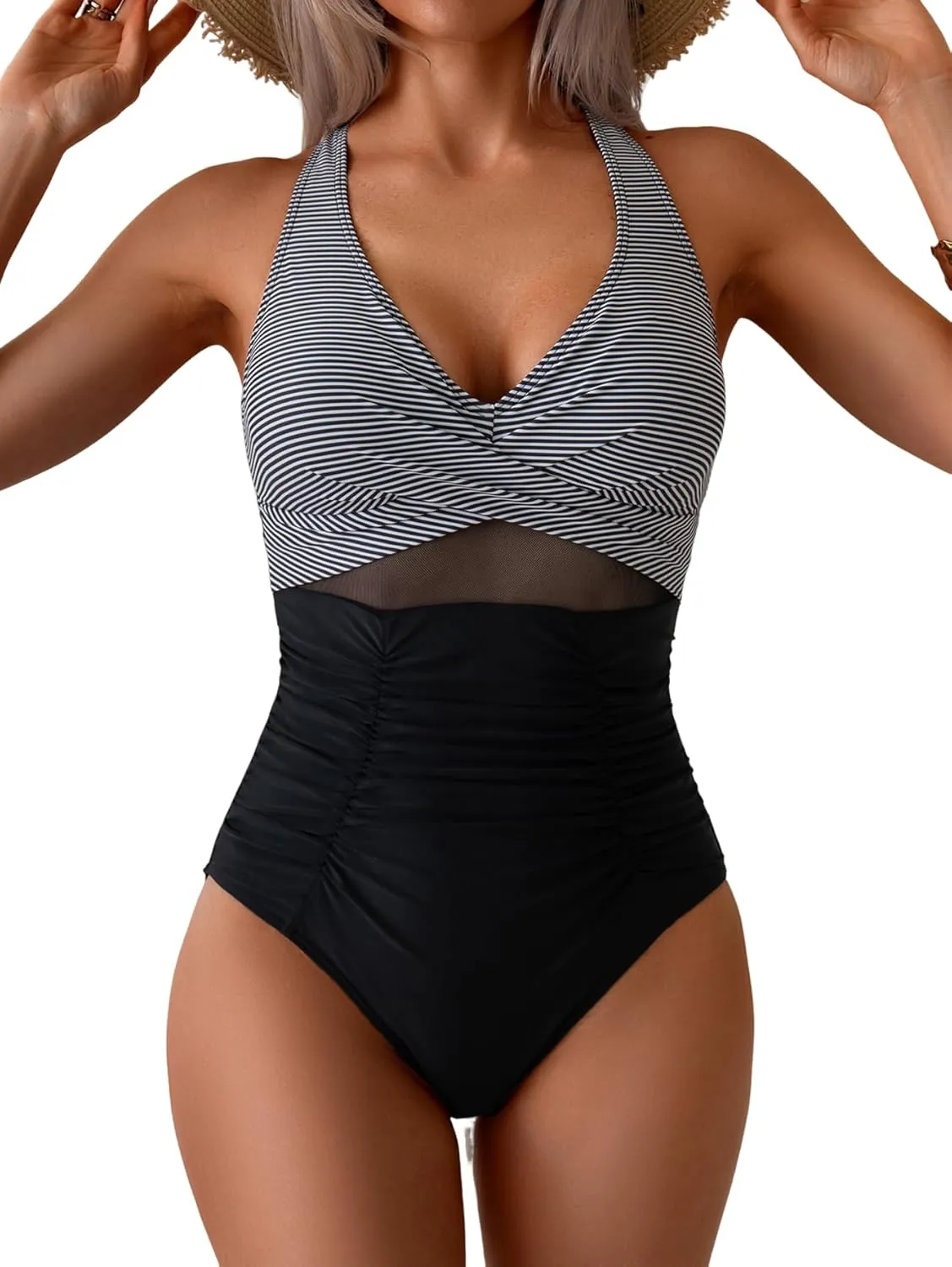 Eomenie One Piece Swimsuit for Women Tummy Control Mesh High Waisted Bathing Suit Wrap Tie Back Swimwear