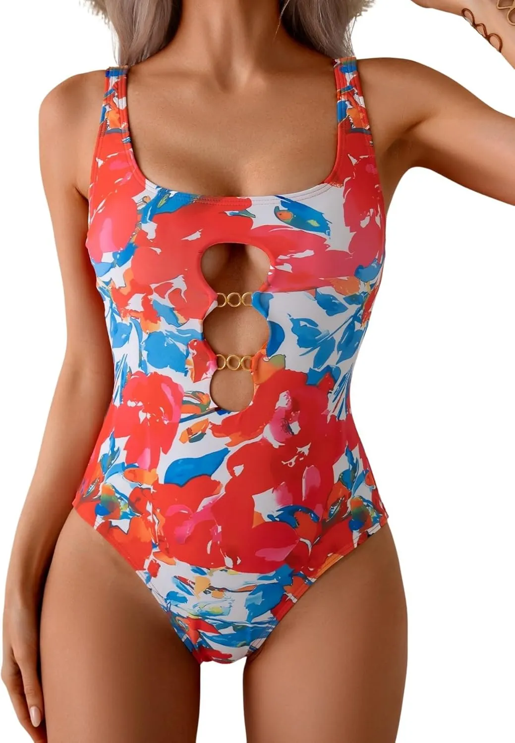 Eomenie Women's One Piece Swimsuit Cutout Chain Linked Bathing Suit Cheeky High Cut Swim Suit Adjustable Strap Swimwear