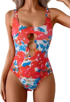 Eomenie Women's One Piece Swimsuit Cutout Chain Linked Bathing Suit Cheeky High Cut Swim Suit Adjustable Strap Swimwear