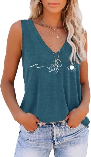 ETCYY NEW Womens Summer Tops V Neck Tank Tops Tie Dye Sleeveless Basic T Shirt Cute Printed Loose Fit