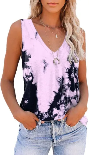 ETCYY NEW Womens Summer Tops V Neck Tank Tops Tie Dye Sleeveless Basic T Shirt Cute Printed Loose Fit