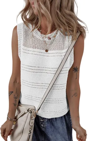 EVALESS Sweater Vest Women Cute Spring Summer Crewneck Knit Sleeveless Crochet Tops