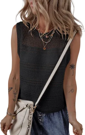 EVALESS Sweater Vest Women Cute Spring Summer Crewneck Knit Sleeveless Crochet Tops