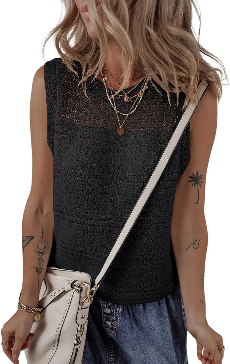 EVALESS Sweater Vest Women Cute Spring Summer Crewneck Knit Sleeveless Crochet Tops