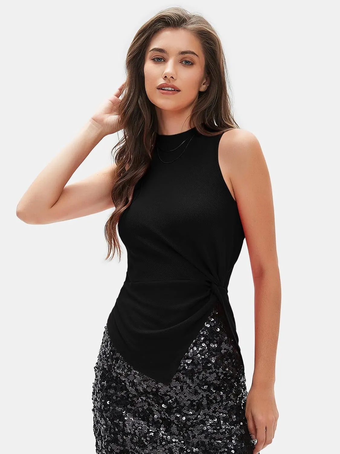 EXLURA Women's Summer Sleeveless High Neck Tank Tops Sexy Twist Knot Asymmetrical Hem Shirts Going Out Top 2025