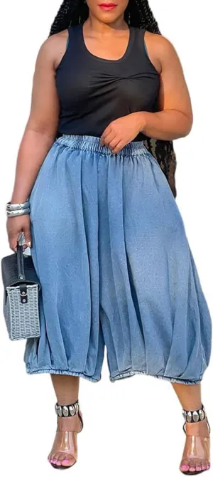Famnbro Women's Baggy Capri Jeans High Waisted Stretch Cropped Harem Jeans Trendy Wide Leg Capri Pants