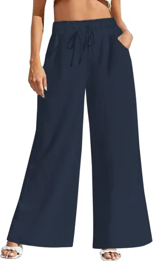 Fancysters Women Wide Leg Linen Pants, High Waisted Summer Casual Cotton Linen Palazzo Pants with Pockets