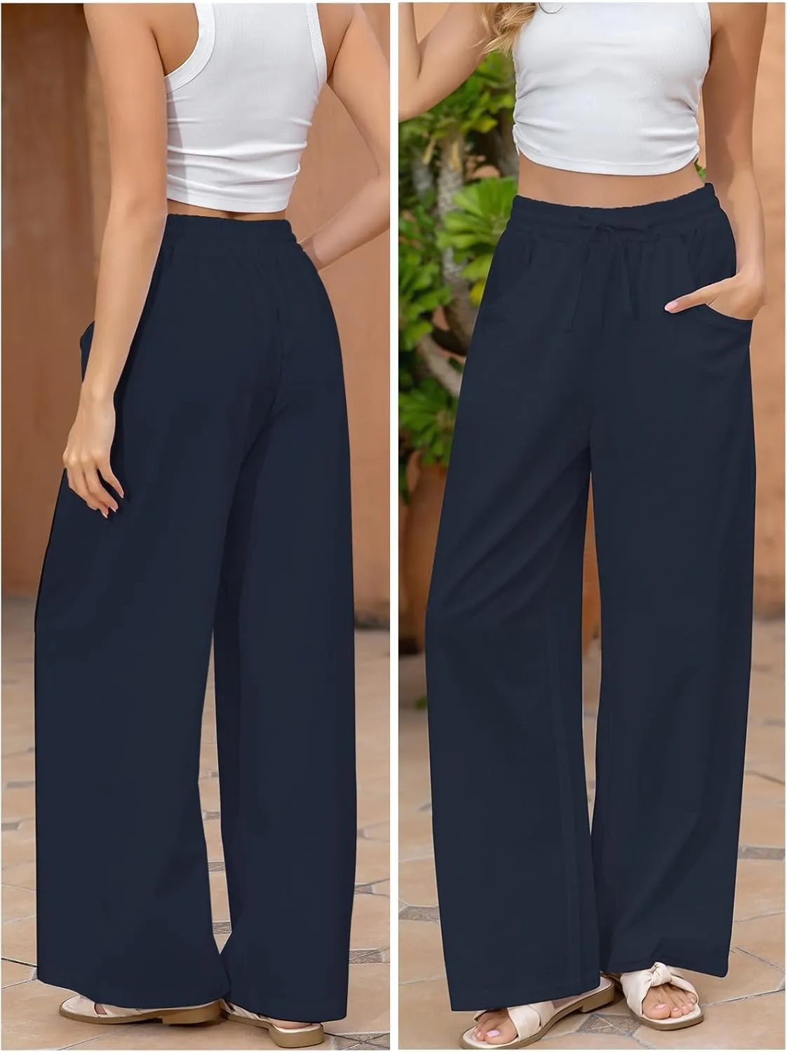 Fancysters Women Wide Leg Linen Pants, High Waisted Summer Casual Cotton Linen Palazzo Pants with Pockets