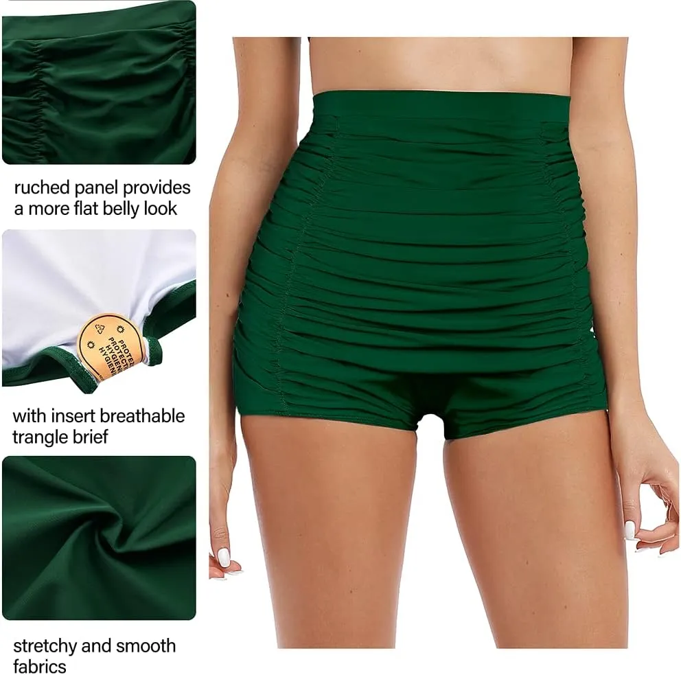 Firpearl Women's High Waisted Bikini Bottom 50s Ruched Boyleg Swim Shorts Tummy Control Swimsuit Bottom