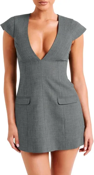 Fisoew Womens Sleeveless Blazer Dress Deep V Neck Cap Sleeve Sexy Slim Fitted Mini Dress