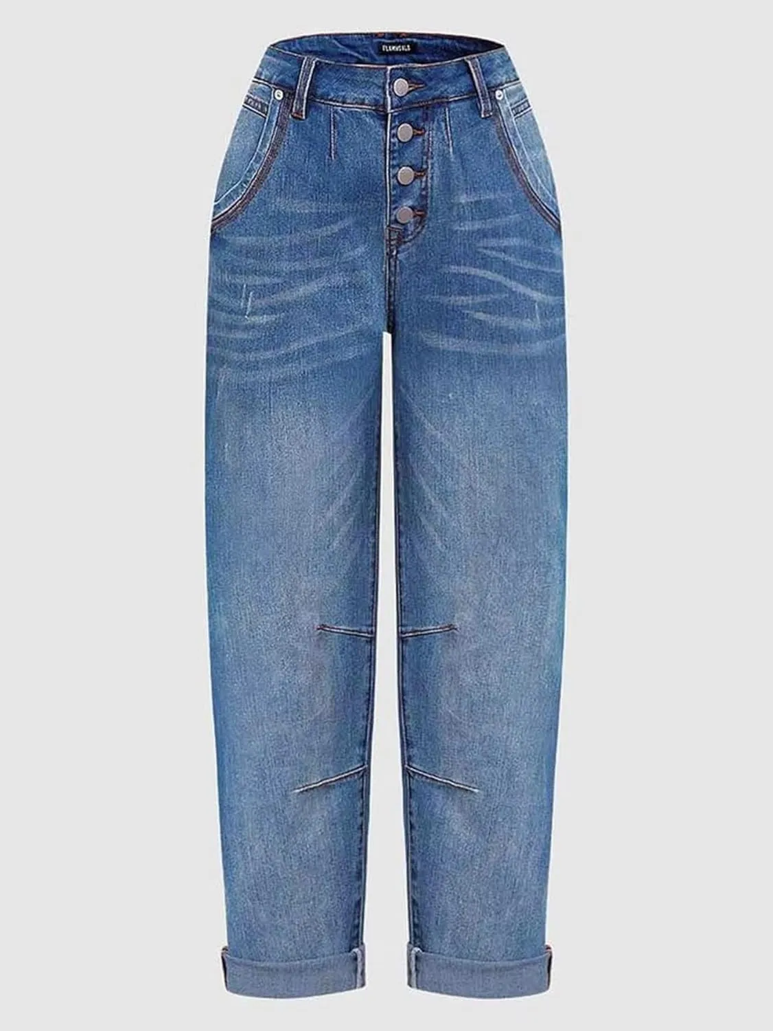 Flamingals Women's Stretchy Straight Leg Casual Low Rise Jeans Wash Button Fly Stitch Detail 90s Trendy Denim Jeans