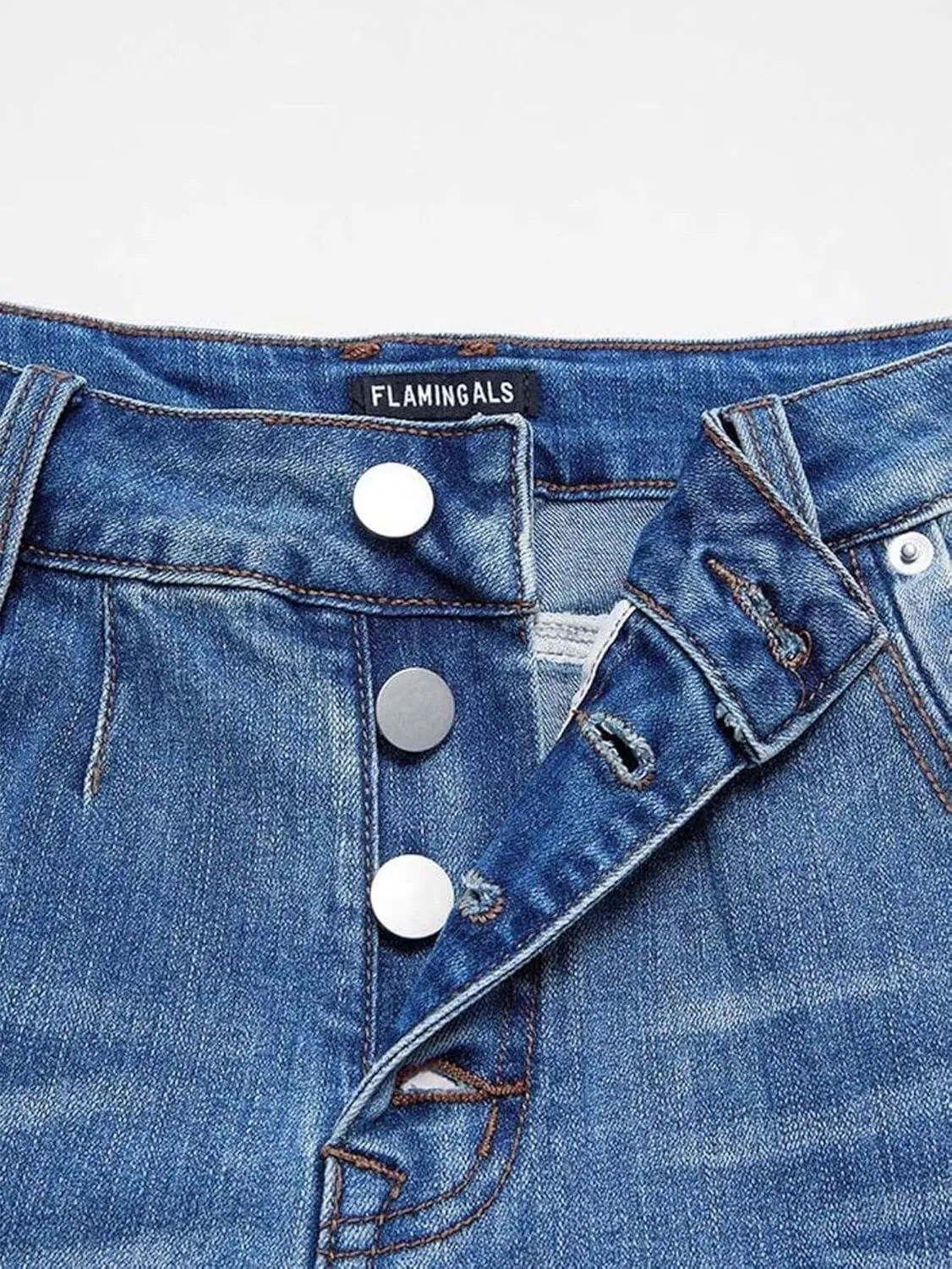Flamingals Women's Stretchy Straight Leg Casual Low Rise Jeans Wash Button Fly Stitch Detail 90s Trendy Denim Jeans