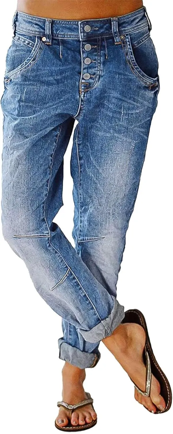 Flamingals Women's Stretchy Straight Leg Casual Low Rise Jeans Wash Button Fly Stitch Detail 90s Trendy Denim Jeans