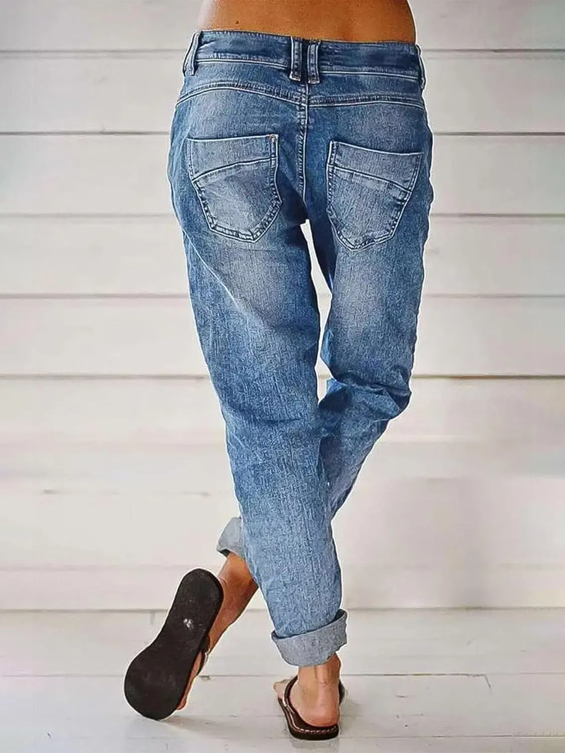 Flamingals Women's Stretchy Straight Leg Casual Low Rise Jeans Wash Button Fly Stitch Detail 90s Trendy Denim Jeans