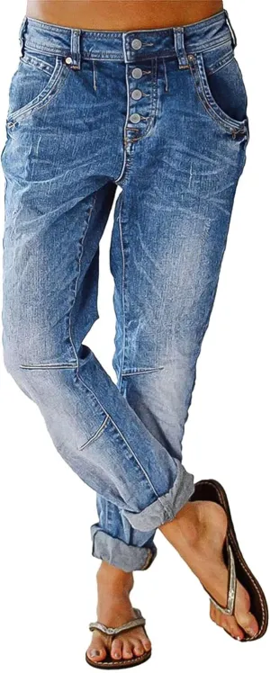 Flamingals Women's Stretchy Straight Leg Casual Low Rise Jeans Wash Button Fly Stitch Detail 90s Trendy Denim Jeans