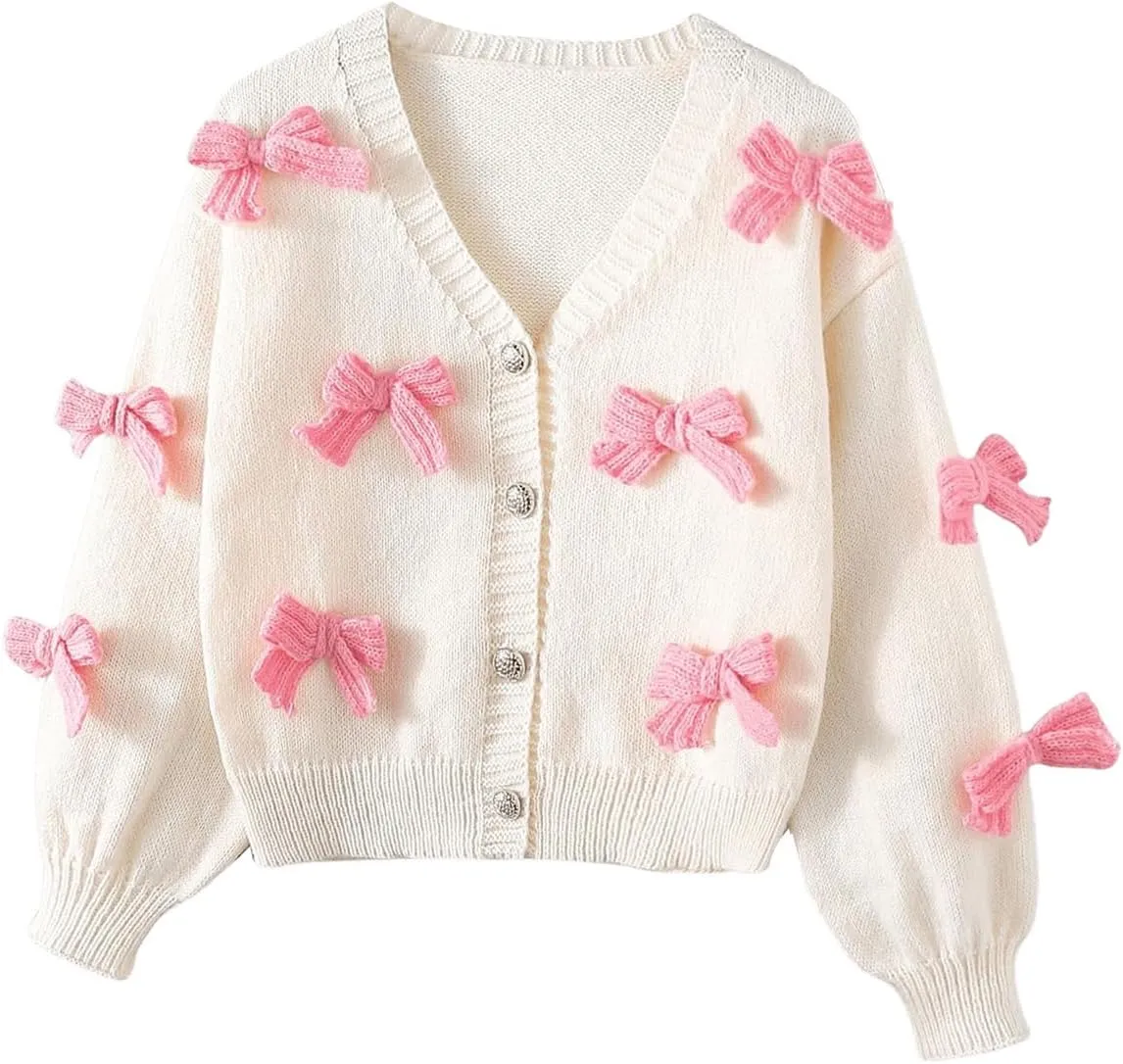 Floerns Girl's Y2k Cute Bow V Neck Long Sleeve Cardigan Sweater Button Down Pullovers
