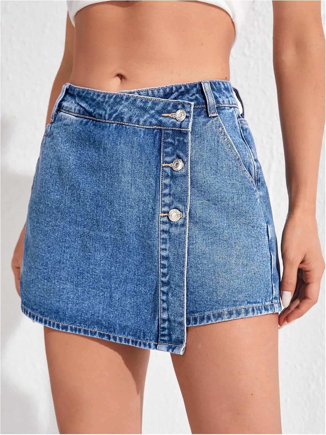 Floerns Women's Button Front High Waisted Denim Skort Casual Asymmetrical Jean Shorts