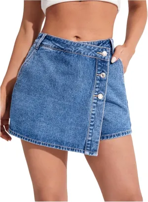 Floerns Women's Button Front High Waisted Denim Skort Casual Asymmetrical Jean Shorts