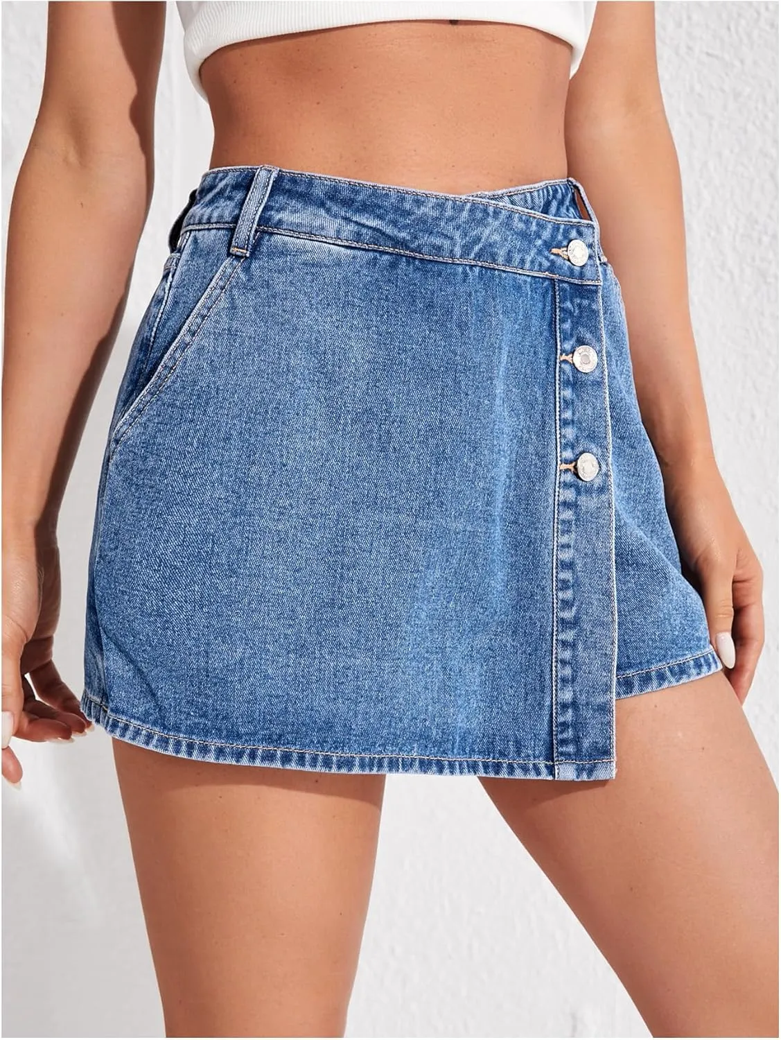 Floerns Women's Button Front High Waisted Denim Skort Casual Asymmetrical Jean Shorts