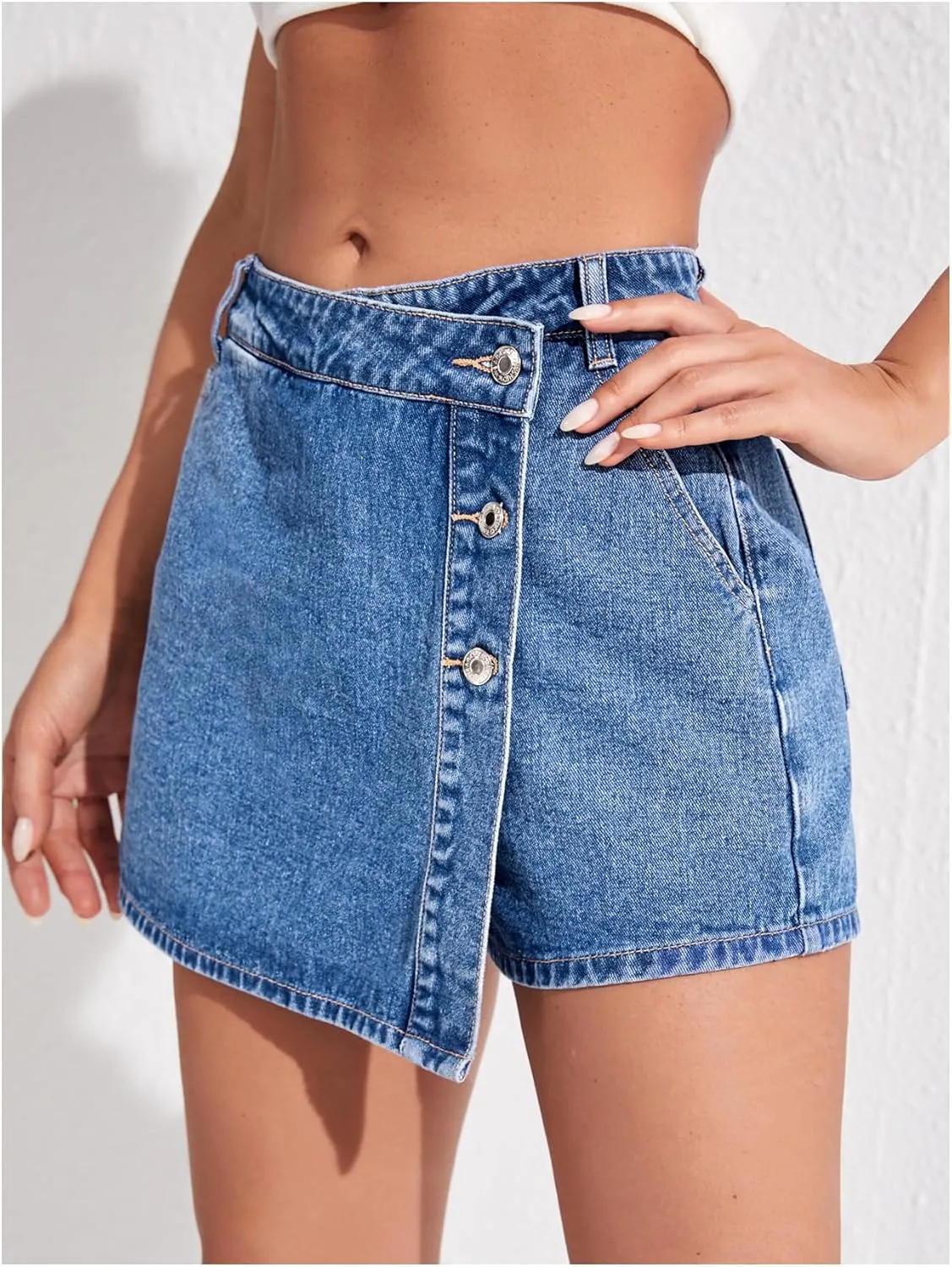 Floerns Women's Button Front High Waisted Denim Skort Casual Asymmetrical Jean Shorts