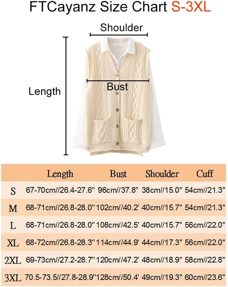 FTCayanz Women's Sweater Vest Button Down Cable Knit Cardigan Outwear