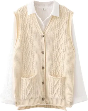FTCayanz Women's Sweater Vest Button Down Cable Knit Cardigan Outwear