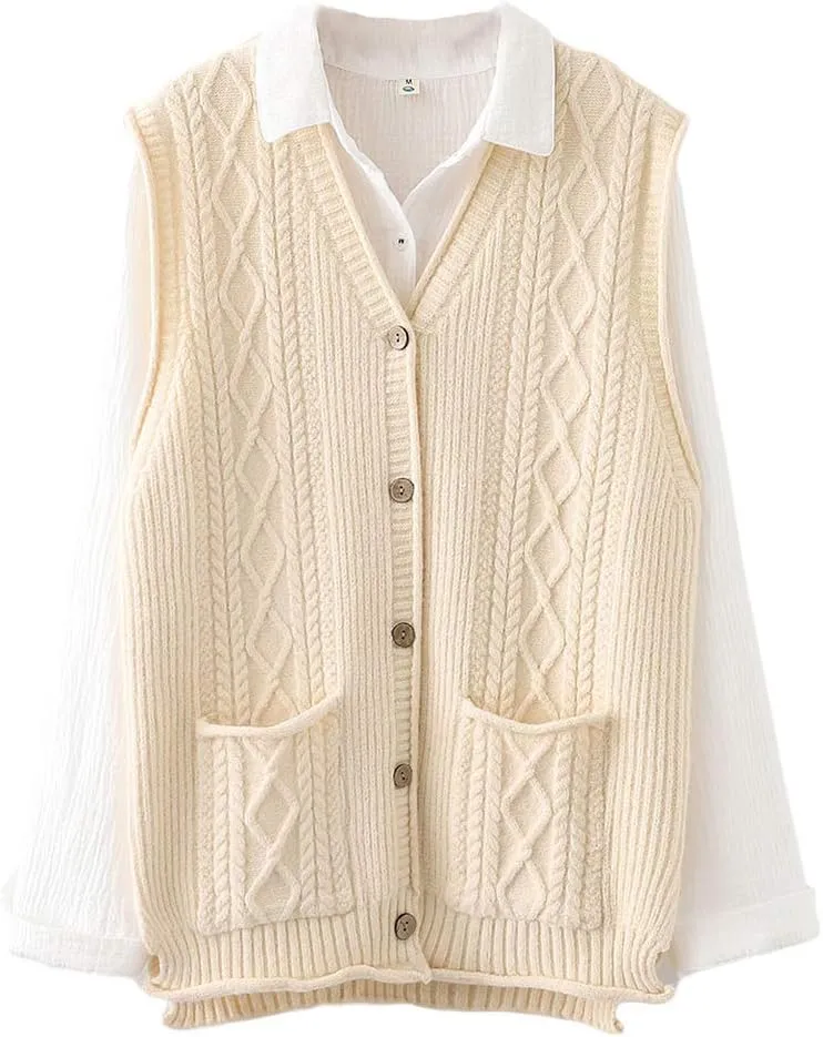 FTCayanz Women's Sweater Vest Button Down Cable Knit Cardigan Outwear