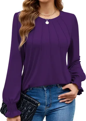 Funlingo Womens Long Sleeve Tops Fashion Fall Shirts Scoop Neck Pleated Ruffle Loose Tunic Tops Business Work Blouse