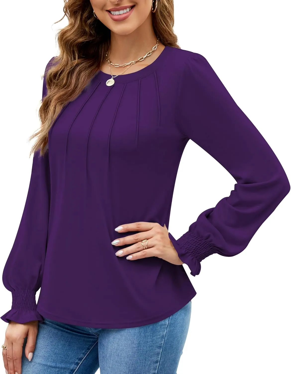 Funlingo Womens Long Sleeve Tops Fashion Fall Shirts Scoop Neck Pleated Ruffle Loose Tunic Tops Business Work Blouse