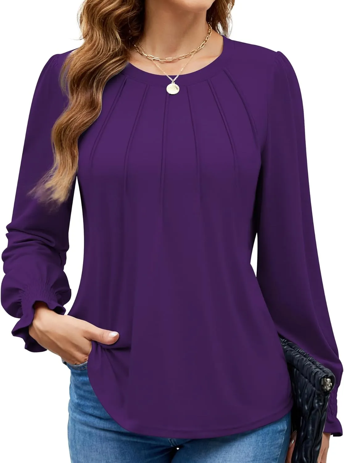 Funlingo Womens Long Sleeve Tops Fashion Fall Shirts Scoop Neck Pleated Ruffle Loose Tunic Tops Business Work Blouse