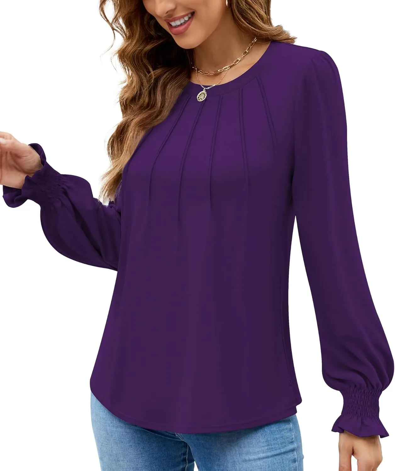 Funlingo Womens Long Sleeve Tops Fashion Fall Shirts Scoop Neck Pleated Ruffle Loose Tunic Tops Business Work Blouse