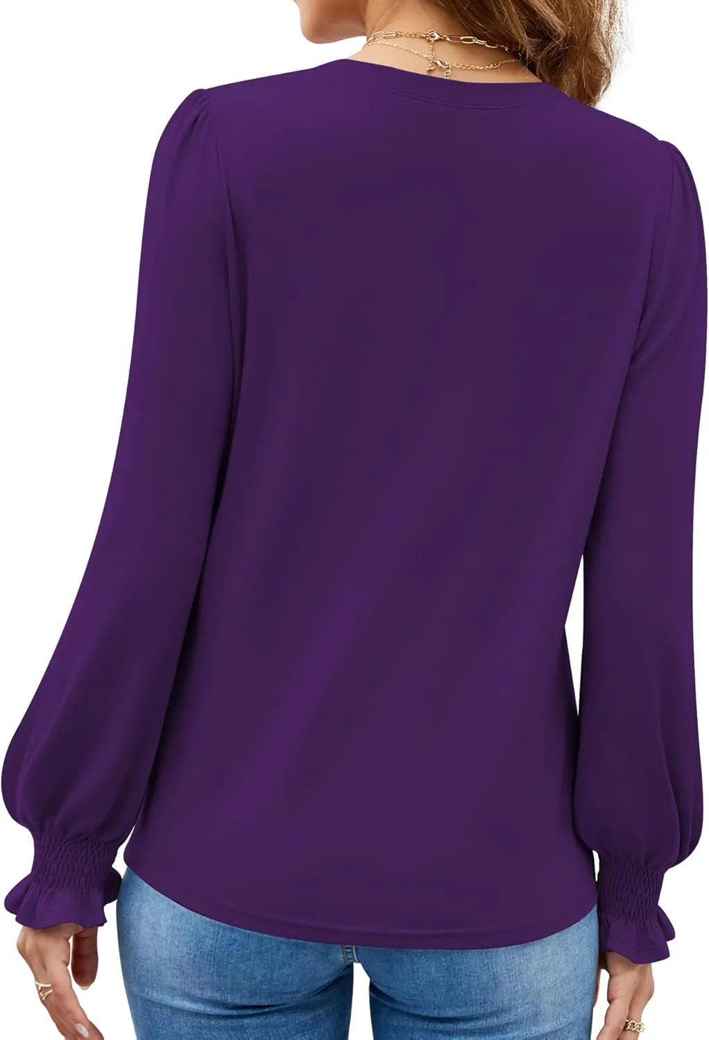 Funlingo Womens Long Sleeve Tops Fashion Fall Shirts Scoop Neck Pleated Ruffle Loose Tunic Tops Business Work Blouse