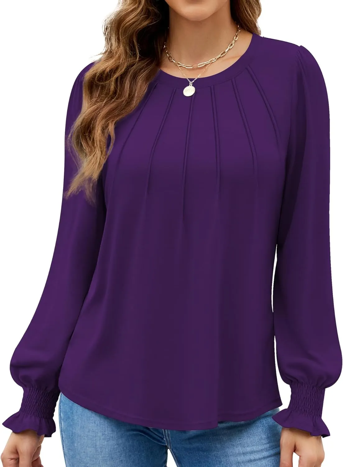 Funlingo Womens Long Sleeve Tops Fashion Fall Shirts Scoop Neck Pleated Ruffle Loose Tunic Tops Business Work Blouse