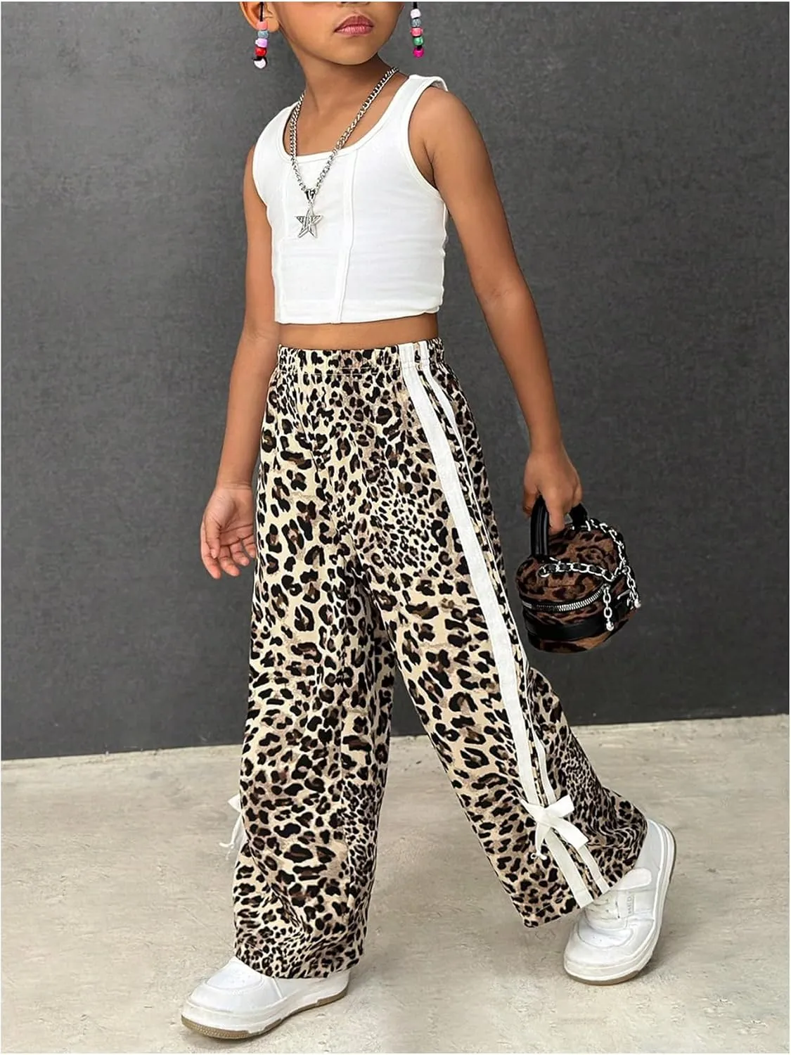 Girl's Baggy Pants Bow Parachute Pants Striped Wide Leg Sweatpants Track Joggers Hip Hop Dance