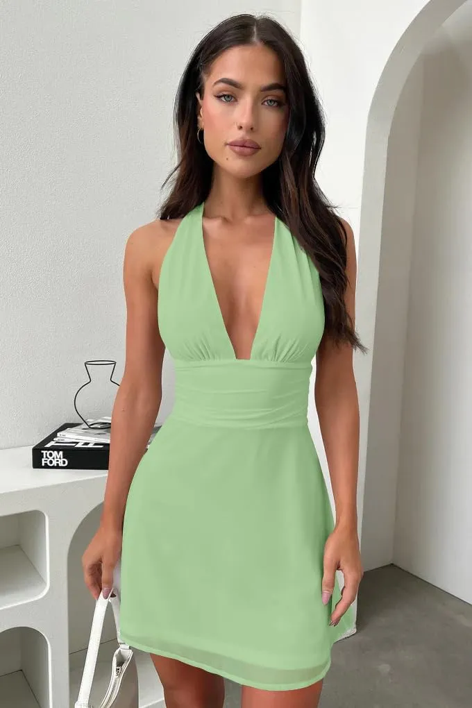 GOKATOSAU Women's Halter Deep V Neck Flowy Chiffon Bow Tie Backless Summer Mini Dress